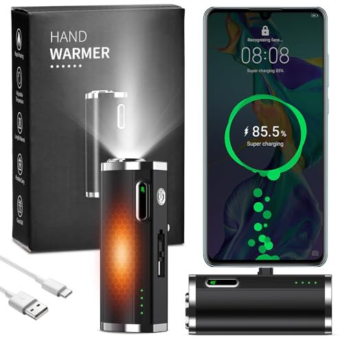 OGVDOE Handwärmer Elektrisch Aufladbar Taschenheizung 5000mAh Tragbare Mini Handwärmer 3 Wärmestufen Taschenwärmer mit Taschenlampe und Typ-C Ladeanschluss Powerbank für Winter Outdoor Camping