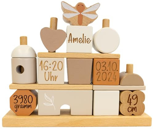 Steckspiel Stapelspiel Haus Traumhaus - - mit Name und Geburtsdaten - Personalisierbar - Geschenk zur Geburt - Geschenk zur Taufe - Holzspielzeug - Individuelles Holzspielzeug - Nougat