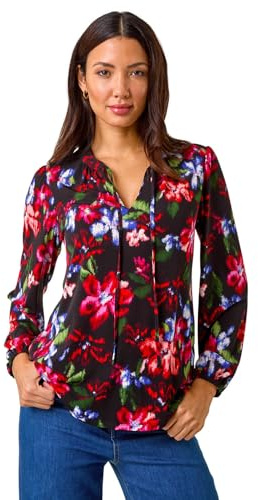 Roman Tie Neck Glitter Stretch Top for Women UK - Ladies Autumn Everyday Winter Holiday V-Neckline Comfy Long Sleeve Soft Elastic Cuff Party Shirt Desk to Dinner Blouses - Red Multi - Size 18