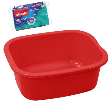 simpa 11L Multi-Purpose Red Plastic Rectangular Household Cleaning Bowl with 3PC Sponge Pack for Washing Up, Window Cleaning, Car Valeting and Multi Room Spot Cleaning Tasks.