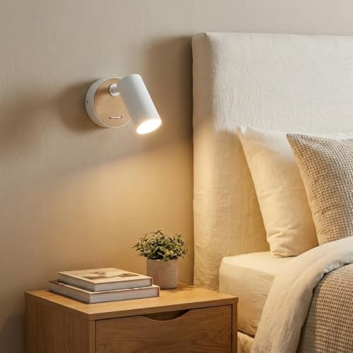 Alpinaluz Aplique de Pared con Foco Cilíndrico GU10 Orientable 350° E Interruptor Integrado, Blanco y Madera Natural, Estilo Nórdico Minimalista, Para Dormitorio, Cabecero de Cama y Lectura