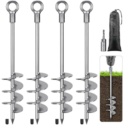 BeneLabel Zeltheringe Erdanker Bodenanker, 47cm Schwerlast Trampolin Schraubheringe 4er Groß Sand Erdnägel Spirale Windsturm Spike für Schaukel/Camping/Schuppen/Hund/Carport mit Fester Öse, Silber