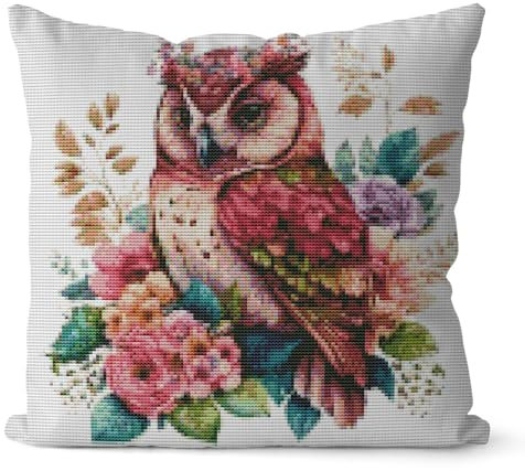 Huacan Kreuzstich Kissen Set Vorgedruckt Eule Kissenbezug DIY Gebastelt Blumen Stickset ohne Kissenkern für Anfänger Erwachsene 45x45cm
