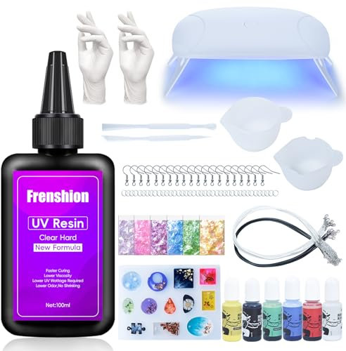 Lampe UV + 100g Upgrade résine UV dure transparente et inodore + pigments colorés + paillettes + outils + gants résine UV fabrication de bijoux kit de démarrage