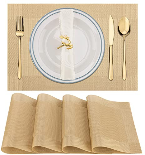 Winknowl Platzsets 4er Set Abwaschbar, PVC Tischmatten rutschfest Abgrifffeste Hitzebeständig Tischsets, Abwischbar Platz-Matten für Esstisch, Antifouling und Leicht zu Reinigen(Gold)