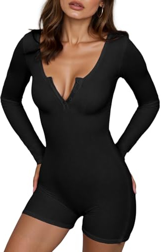 Ausing Pyjama Einteiler Sexy Damen-Strampler V-Ausschnitt Langärmelig Jumpsuit Shorts Y2k Bodycon Bodysuit Yoga-Strampler S -L
