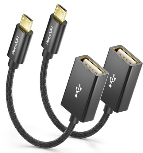 deleyCON 2 Stück USB 2.0 OTG Adapter Kabel Nylon + Metallstecker - Micro USB auf USB-A Buchse Datenkabel Smartphone & Tablet Verbinden mit USB Stick - 10cm Kurz - Schwarz