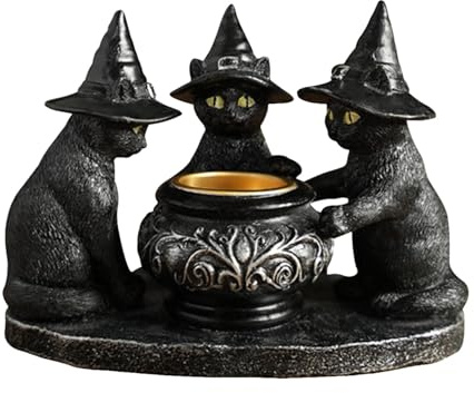 Halloween Schwarze Katze Hexen Kerzenständer Gothic Harz Teelichthalter Geheimnisvolle Vintage Ornamente Niedliche Halloween Dekoration Festival Kunst Statue für Zuhause Küche Party Tischdekoration (A