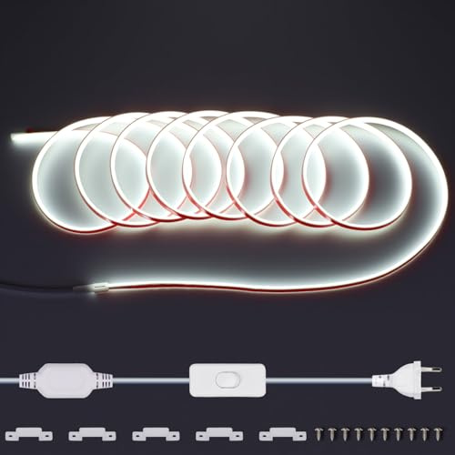 10M COB LED Strip 230V 6000K, wasserdicht, flexibel Streifen mit Schalter | 288 LEDs/m, Hohe Dichte Lichtleiste für DIY Decoration, Garten, Küche, Schlafzimmer Beleuchtung, ohne Netzteil