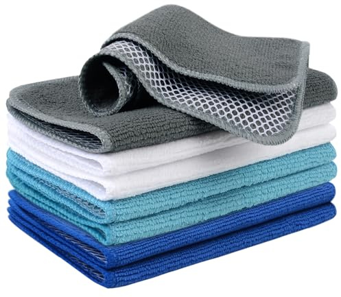 VIVOTE Paños de cocina de microfibra lavables con malla de poli estropajos, 8 unidades, 20 cm x 20 cm (gris claro, azul lago, blanco y azul marino)