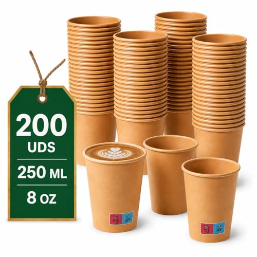 Vasos de Cafe Desechables de Cartón Kraft – Mayor Gramaje y Resistencia al Calor – Ideales para Café para Llevar en Hostelería y Eventos (200, 240ml)