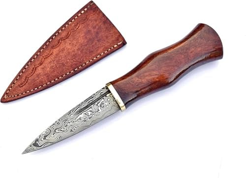 TATLA CRAFT Keltisches Jagdmesser aus Damaststahl, Handgefertigt, Rosenholz-Griff, mit Lederscheide, EDC Taschenmesser