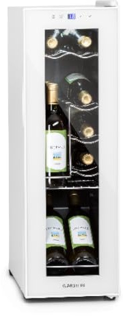 KLARSTEIN Shiraz Wine Cooler White – 12 Bottles, 32 L, 1 Zone | Freestanding Wine Fridge with Glass Door, Quiet, 5–18 °C, LED, Stainless Steel Frame, Slim