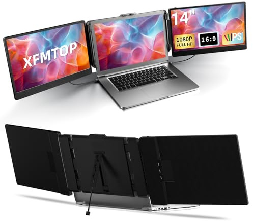 XFMTOP Triple Laptop Screen Extender - 14 Inch Portable IPS FHD 1080P HDMI/USB-A/Type-C Monitors for 13-17.4 Laptops Compatible with Mac Windows Travel Work