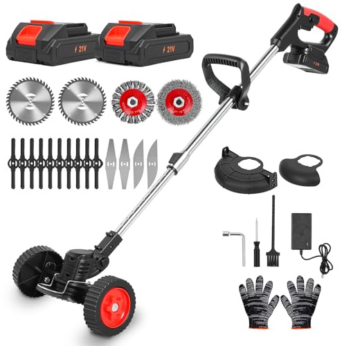 Rasentrimmer mit Akku, 5-in-1 Akku Rasentrimmer mit 2 Akkus, 4 Austauschbare Klingen für Äste, Hecken, Gras & Moos, Elektro Rasenkantenschneider für Höfe, Gärten und Gehwegkanten, Höhenverstellbar