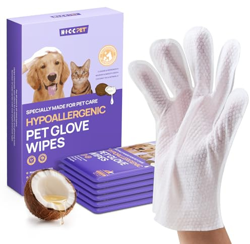 HICC PET Grooming & Moisturising Glove Wipes for Dogs & Cats,Dog Wipes with Coconut Oil, Vet-Recommended Pet Cleaning Wipe for Sensitive Skin,Hypoallergenic for Horses (4 Pieces, Unscented)