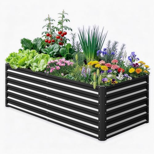 SUNYRISY Hochbeet Metall für Garten, 180x90x60cm Verzinkter Stahl Pflanzkasten Blumenkasten Kräuterbeet Pflanzbeet Blumenbeet Hochbeet-Kit für Garten Balkon Terrasse, Schwarz Rechteck