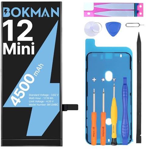 bokman Batteria per iPhone 12 mini, 4500mAh con Kit di Riparazione