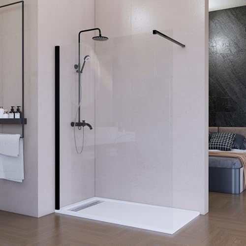 HOGAKIS Mampara de Ducha Fija Negra 60 x 200 cm, Cristal Templado Transparente 8 mm con Tratamiento Antical, Panel Walk In Reversible para Baño Moderno