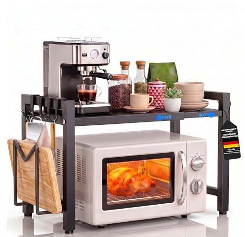 Erweiterbares Mikrowellen Regal 3 Stufig, Bäckerregale mit Haken, Kitchen Organizer Shelf für Küchenaufbewahrung, 3-stufiges Gewürzregal, Küchenregal Stehend für Backofen (Schwarz VP3, 2-Stufig)