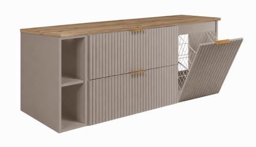 3xE living Set med badrumsskåp med tvättkorg, Kashmir/Skiva Ljus Ek/Gyllene Handtag, 140 x 57 x 46 cm