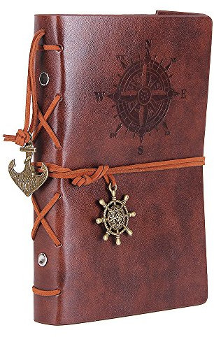 EvZ Leather Writing Journal Notebook, 7 Inches Vintage Nautical Spiral Blank String Diary Notepad Sketchbook Travel to Write in, Unlined Paper, Retro Pendants, Classic Embossed, Retro Coffee