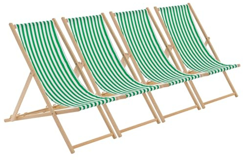 Harbour Housewares Folding Wooden Deck Chairs – Green Stripe – Pack of 4 – Adults Traditional Foldable Reclining Outdoor Canvas Sun Lounger Chair Seat for Garden Patio, Beach, Camping