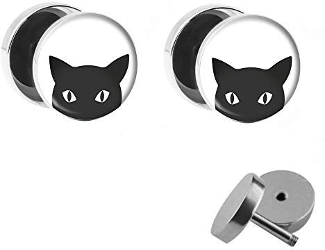 Treuheld® | Set - Schwarze Katze - 2 Ohrstecker zum Schrauben - schwarzes KÄTZCHEN - SCHWARZ-WEIßE Fake Plugs mit Kitty Kopf - Ø 10mm - Ohrringe Fakeplug - Silber Ohrring - Chirurgenstahl Faketunnel