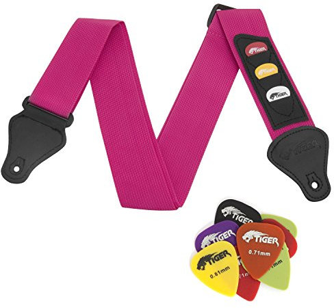 TIGER Tracolla per Chitarra, con Plettri Extra, Rosa