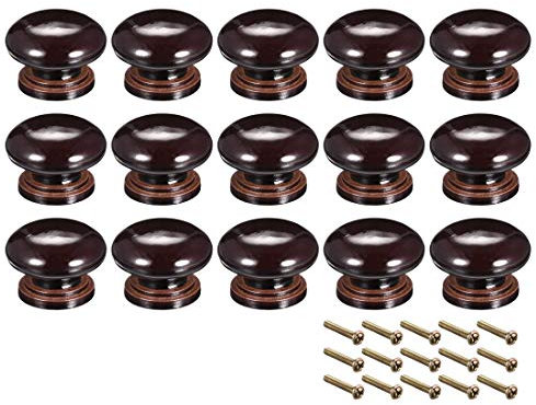 sourcing map Round Wood Knobs,15Pcs 34mm Dia Cabinet Furniture Kitchen Pulls Handles for Dresser Drawer Wardrobe, Dark Brown