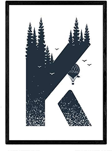 Nacnic Buchstabe K mit Wald, Luftballons und Bergen. Naturaleza.Posters von Briefen mit Design. A3 Größe ohne Rahmen