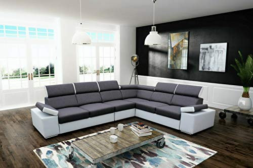 All4All Ecksofa mit Schlaffunktion Ariva - Sofa mit Bettkasten - Schlafsofa - 334 cm x 264 cm - Wohnlandschaft L-Form - verstellbare Kopfstützen - Grau/Weiß - Gewebe mit Kunstleder - Linke Seite 19