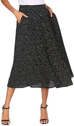 Parabler Damen Hohe Taille Röcke Retro Maxirock Polka Dot Rock Lang Herbst und Winter Elegant Faltenrock mit Tasche Schwarz L