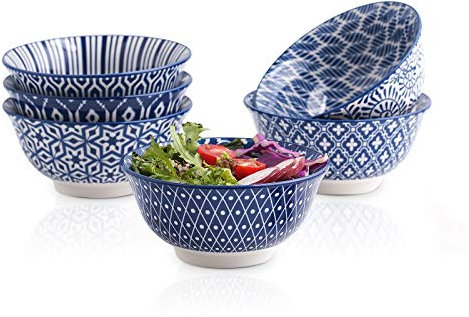 Selamica 7 inches Porcelain Cereal Bowl Set - Set of 6, Soup Bowls, Ceramic bowls for Cereal, Soup, Salad and Pasta, Vintage Blue