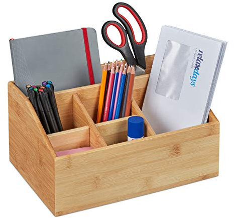 Relaxdays Schreibtisch Organizer, Bambus, 6 Fächer, Stiftehalter Büro und zuhause, Tischorganizer HBT 14x28x20 cm, Natur
