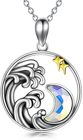 AOBOCO Mond Sternen Kette mit Kristall 925 Sterling Silber Wave Runder Anhänger Weihnachtsgeschenke für Damen Mädchen