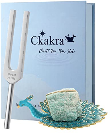 Ckakra Solfeggio Frequencies Tuning Fork with Natural Crystal kit, Inner Peace, 741hz Solfeggio Frequencies for Throat Chakra,Peacock