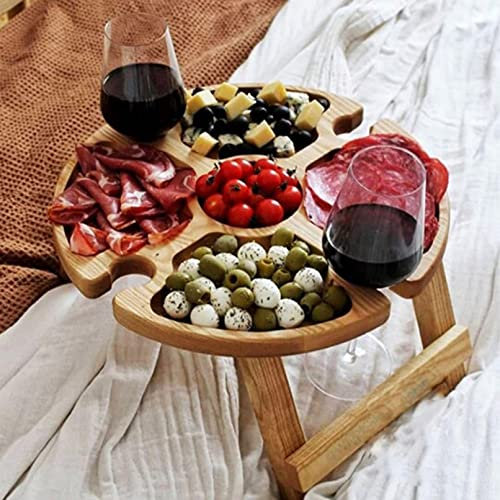 Dantazz Weintisch Tragbarer Weintisch Runden Mini-Weinhalter Campingtische Picknicktisch Verstellbarer Tisch aus Holz, für Outdoor Garten Draußen Picknick Camping Reisen Strand (Gelb)