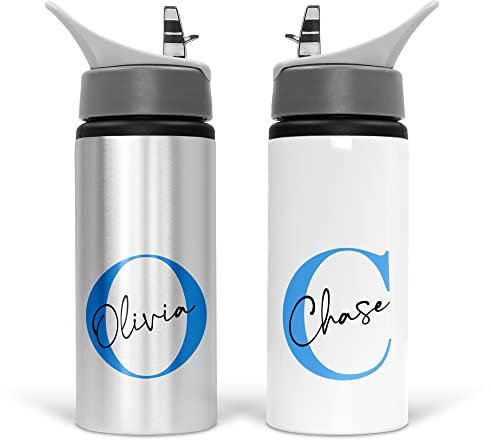Personalised Aluminium Water Bottle – 600ml Blue Bottle with Flip-Up Lid & Straw – Custom Name Sports Bottle for Kids, School, Cycling, Hiking or Travel – Leakproof & Dishwasher Safe