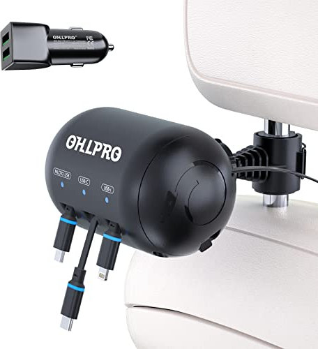 OHLPRO 3-in-1 Retractable Backseat Car Charging Station, 36W Fast Car Charger for All Phones (iPhone, Samsung), Ideal for Lyft, Turo, Uber, Taxi, Rideshare, Customer Charging Dock Attach to Headrest
