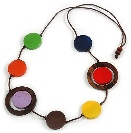 Avalaya Multicoloured Coin Wood Bead Cotton Cord Necklace - 88cm Long - Adjustable