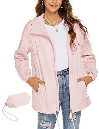 Rapbin Damen Regenjacke Wasserdicht Atmungsaktiv Outdoorjacke Packbar Faltbare Dünne Regenmantel Windbreaker(Rosa,L)