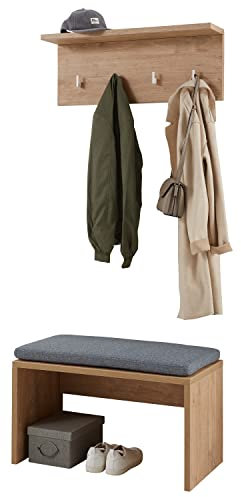 boho living® Garderoben-Set Wildeiche mit 1 Wandgarderobe mit 4 weißen Haken und 1 Sitzbank inkl. Kissen in grau