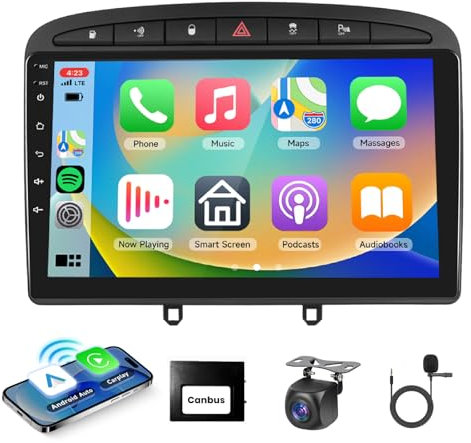 Autoradio sans Fil CarPlay pour Peugeot 308/408 (2007-2015), 2+64 Go Android Auto, écran Tactile de 9 Pouces, Bluetooth, EQ, FM/RDS, WiFi, GPS