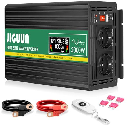 JIGUUN 2000W Wechselrichter Spannungswandler 12V auf 230V Reiner Sinus mit LCD-Anzeige,Drahtlose Fernsteuerung,2 EU Steckdosen,1 USB,Spitzenleistung 4000W