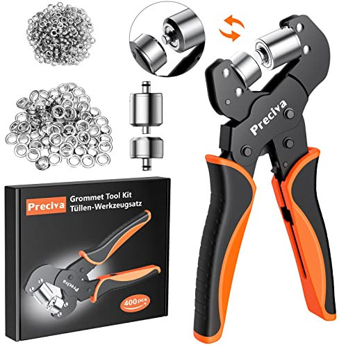 Pince Magnétique (10MM+6MM), 2 Jeux de Têtes de Perforation Remplaçables, avec 400 œillets à Revêtement Imperméable, Adaptés à la Perforation de Bannières en PVC, de Bâches, de Carton, etc