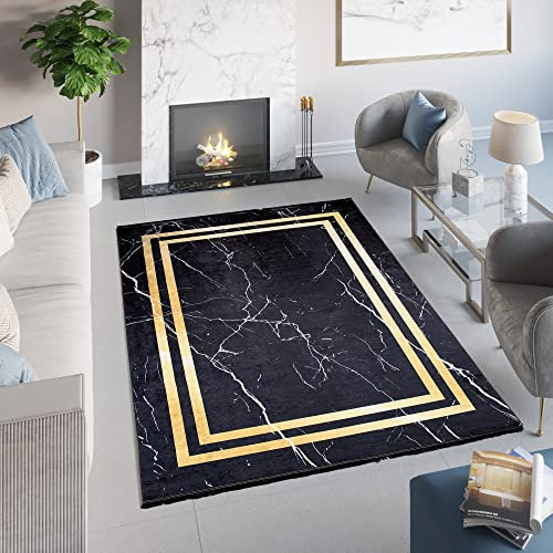 TAPISO Toscana Teppich Bedruckter Teppich Schwarz Gold Rahmen Fransen Marmor Waschbar rutschfest Wohnzimmer Schlafzimmer Büro Modern Design 120 x 170 cm