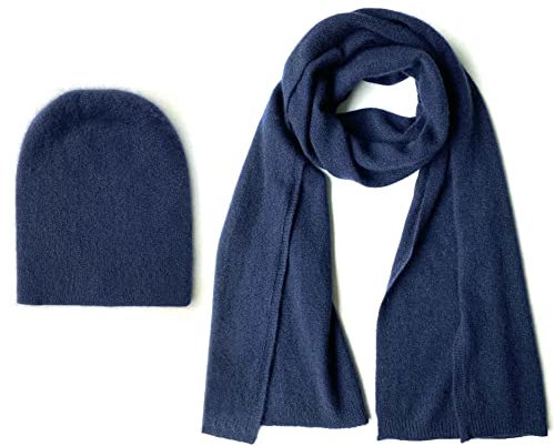 Herren-Set aus 100% reinem Kaschmir, Mütze und Schal, passende lässige Beanie und Schal, 2-teiliges Set, 2-in-1 Winter-Strickbündel, Outdoor-Ski-Sportmütze, Geschenk, einfarbig, für Männer, navy
