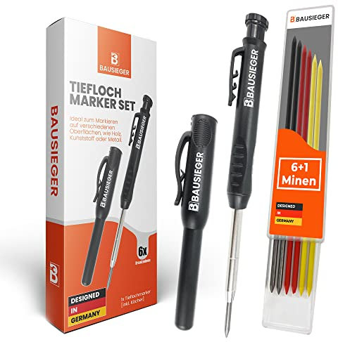 BAUSIEGER Tieflochmarker SET [inkl. 7 Minen + Köcher] - Zimmermannsbleistift, Handwerker Bleistift, Bohrlochmarker, Markierstift, Bleistift Baustelle, Baubleistift, Tiefenlochmarker, Lochmarkierer