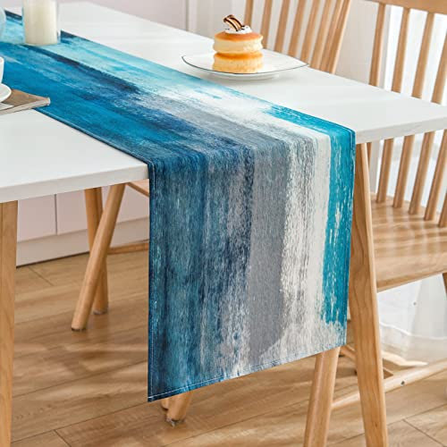 MAIXUN Tischläufer Teal und Grau Leinen Modern Ölgemälde Abstrakte Kunst Tischläufer Dekoratives Tuch Für Home Decor, Room Decor, Frühling Sommer,Hochzeiten,Urlaub